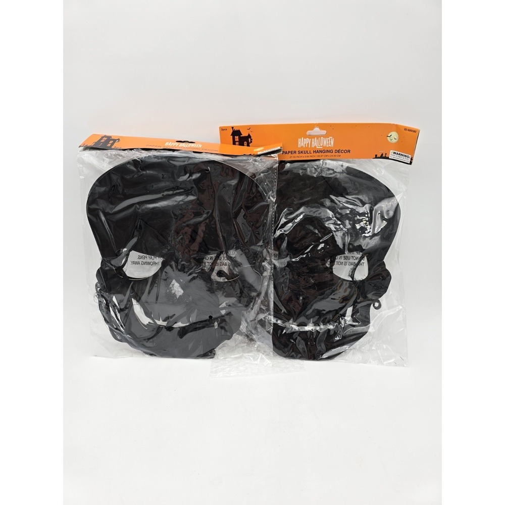 4 Hanging Skull Halloween Decorations Black Paper Spooky